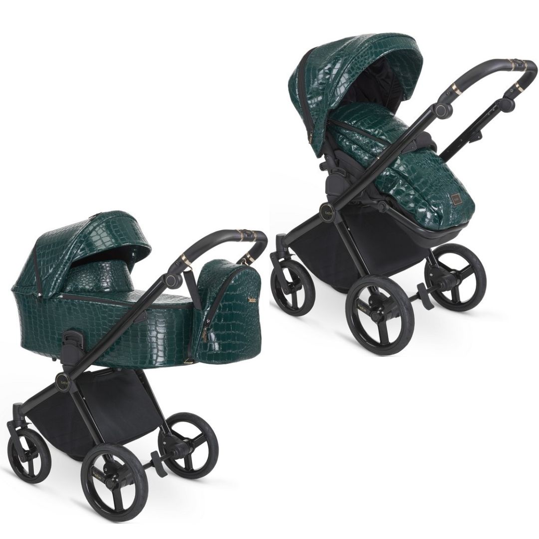 iBebe Gloss eco cocodrilo verde capazo para recién nacido hasta 9kg y silla de paseo hasta 22kg con saco de dormir y mochila