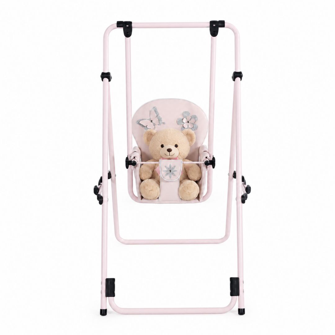 Columpio fleur rosa, con asiento decorado con una mariposa y flores en tonos plateados.